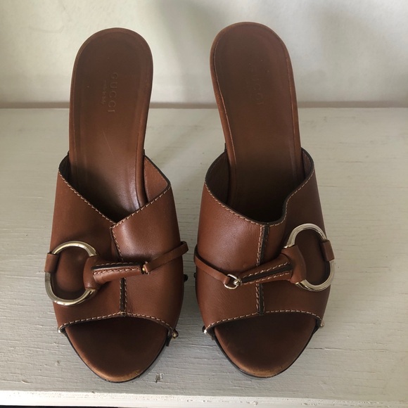 Gucci Leather Platform Slide on Sandal Heels Brown Size 38 7.5 - Picture 3 of 10